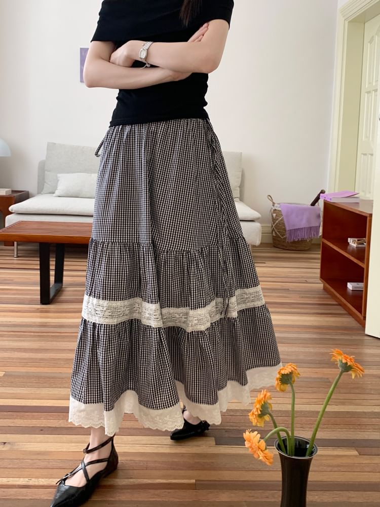 Beem - Hoge taille geruite maxi A-lijn rok