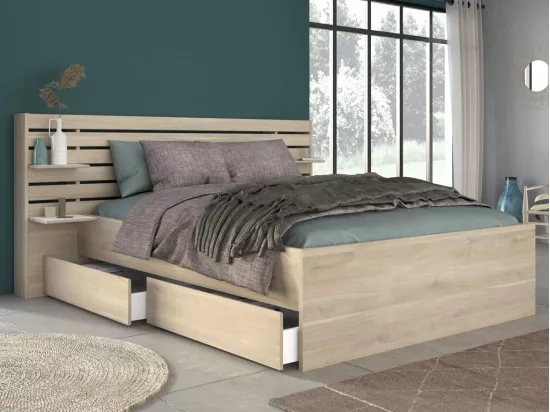 Lit 140 x 190/200 cm avec rangements - Coloris : Naturel + Sommier + Matelas - TENALIA II