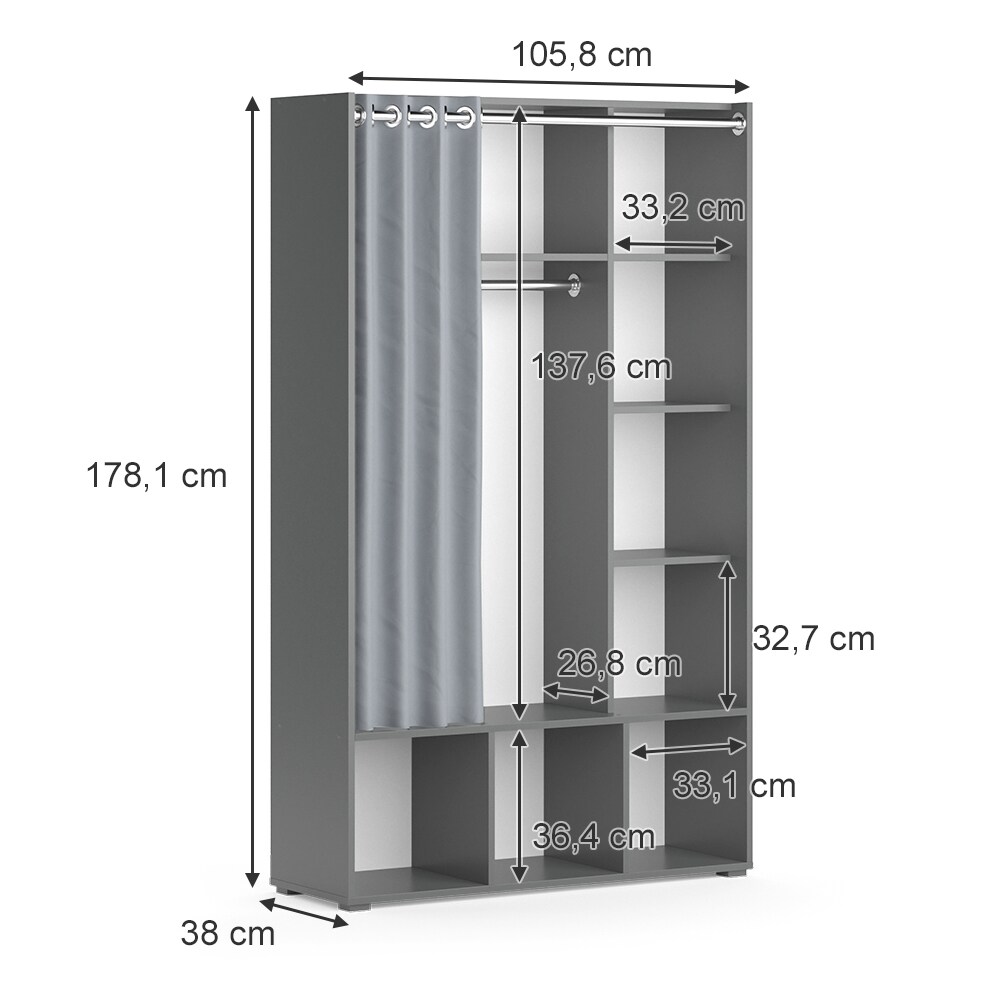Vicco Kleiderschrank Schlafzimmerschrank Garderobe Luigi Grau 106 x 178 cm modern Schrankregal Organizer Vorhang Kleiderstange Fächer Aufbewahrung Ablage