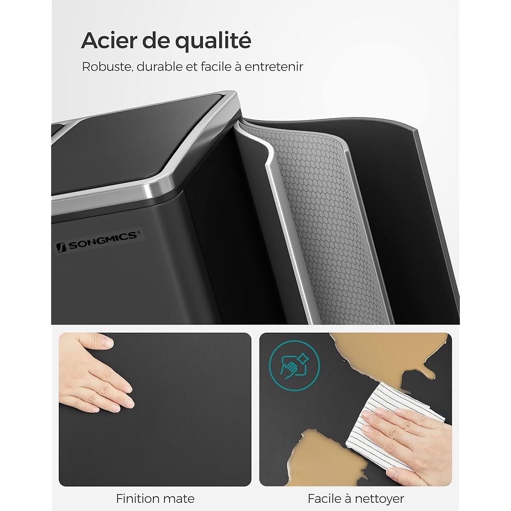 SONGMICS Poubelle Cuisine, 3 x 18L, Poubelle de Tri, 3 Compartiments, Déchets, Compost, Couvercles à Fermeture en Douceur, Pédales, Seaux Intérieurs, Acier, Noir d'Encre LTB54BK : Cuisine et Maison