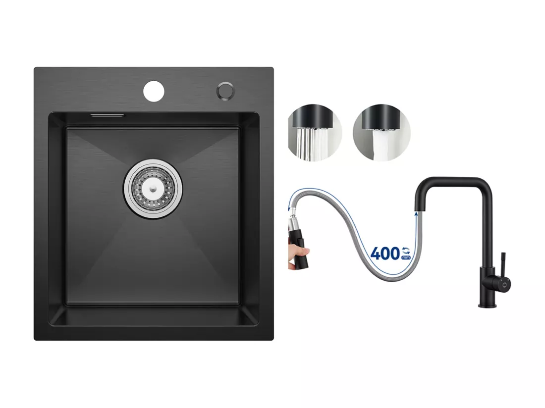 Evier Cuisine 1 Bac Noir Anthracite 40*45*19CM - Évier Inox Évier de Cuisine + Mitigeur avec Douchette Extractible, Noir