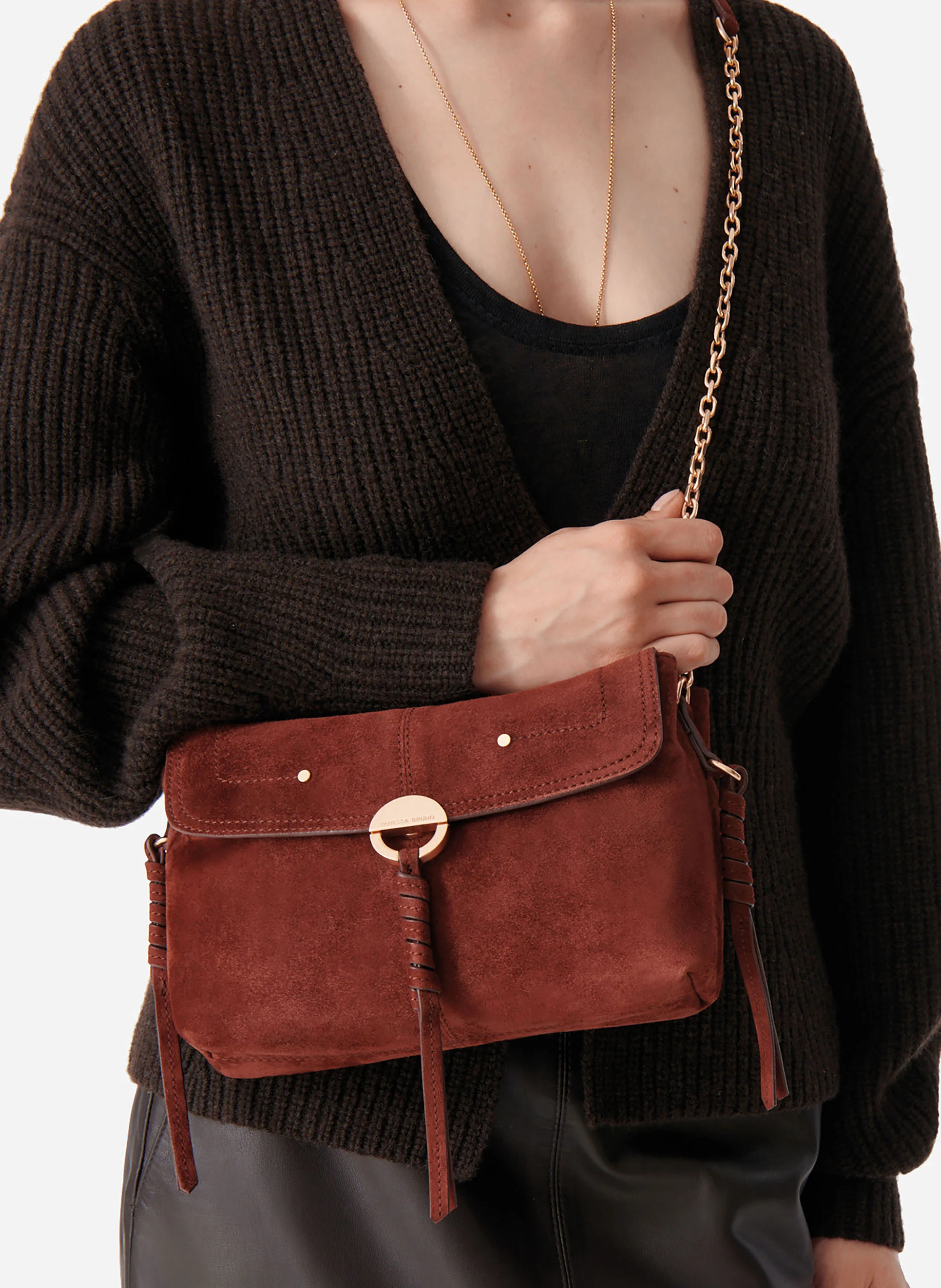CLUTCH - Sac porté épaule en cuir velours| Marron