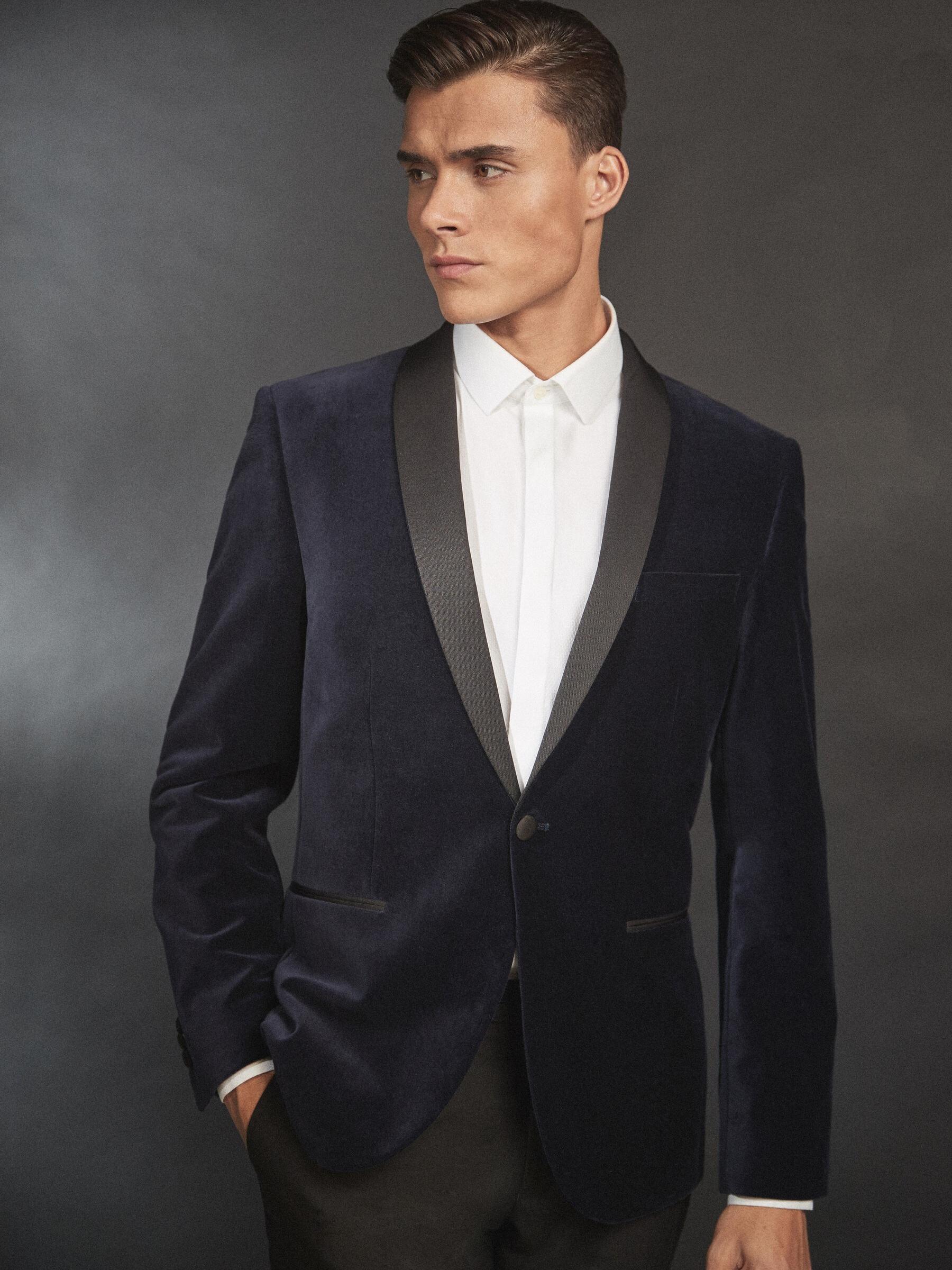 Marineblauw - Fluwelen blazer met sjaalkraag