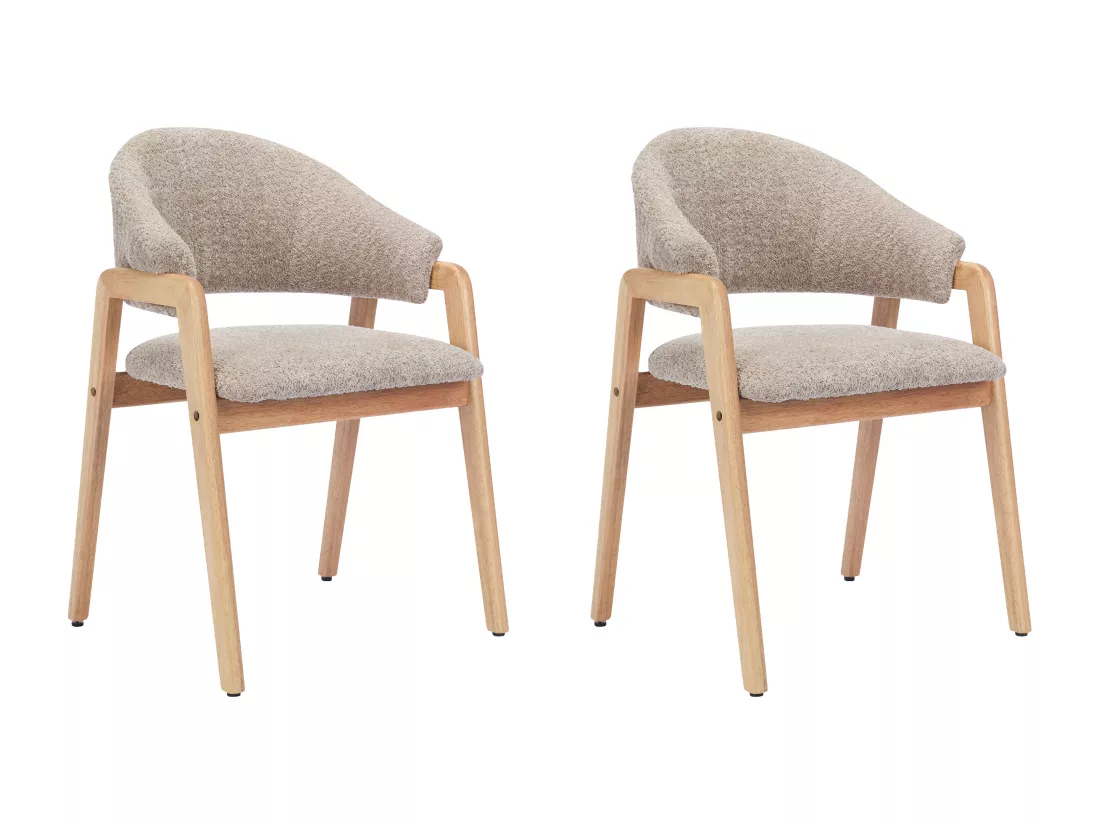 Lot de 2 chaises avec accoudoirs en tissu bouclette et bois d'hévéa - Taupe et naturel - SOLUNA