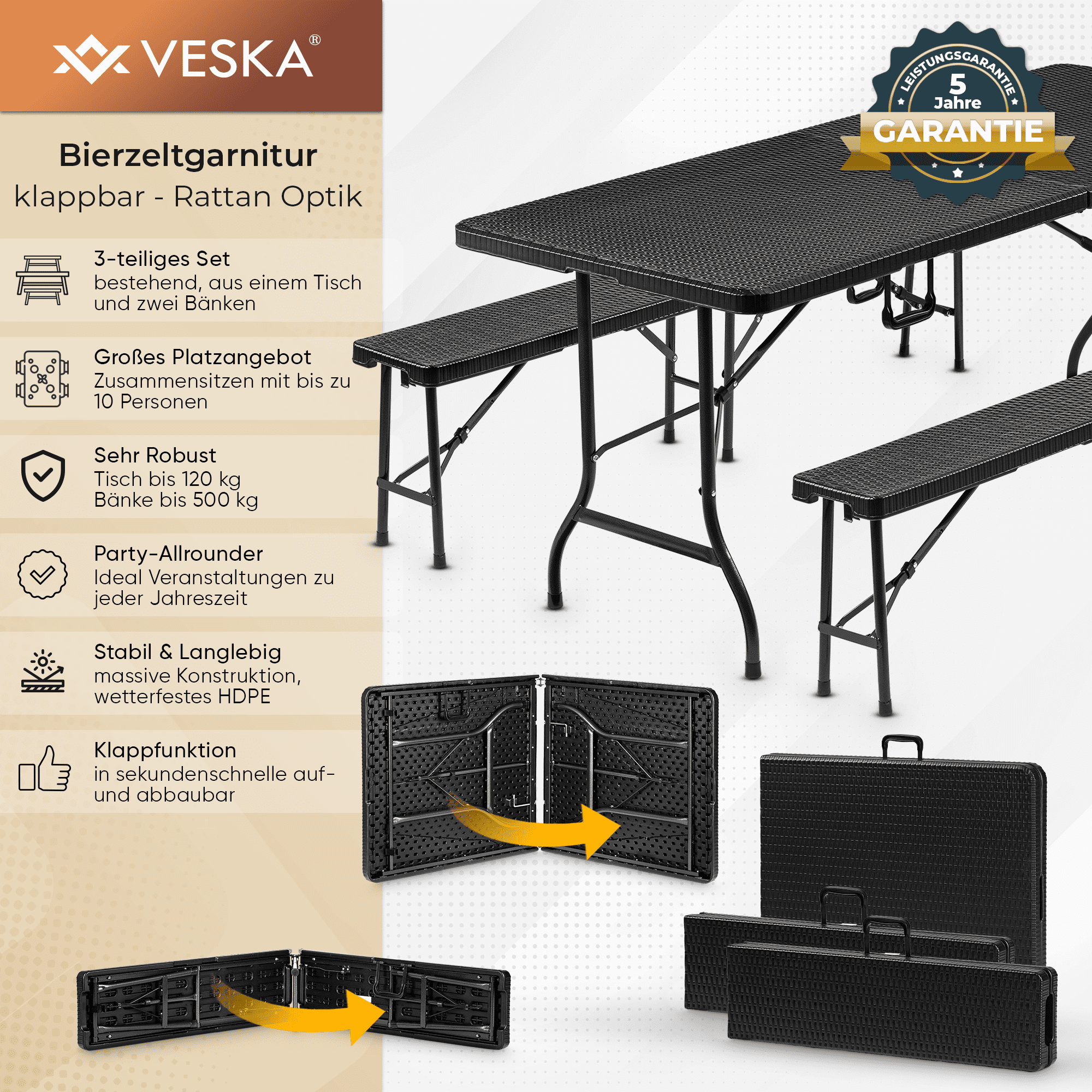 VESKA Bierzeltgarnitur 3-teilig - Rattan-Optik - anthrazit