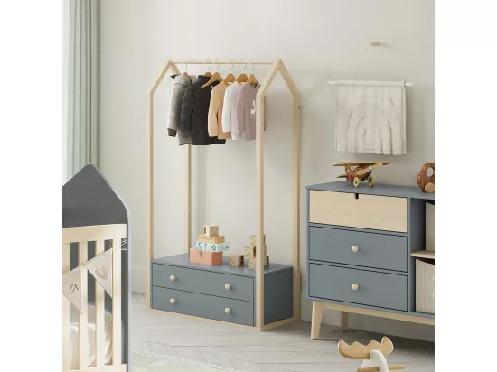 KAINA - Penderie 2 Tiroirs en MDF et Pin Coloris Gris Vert et Naturel
