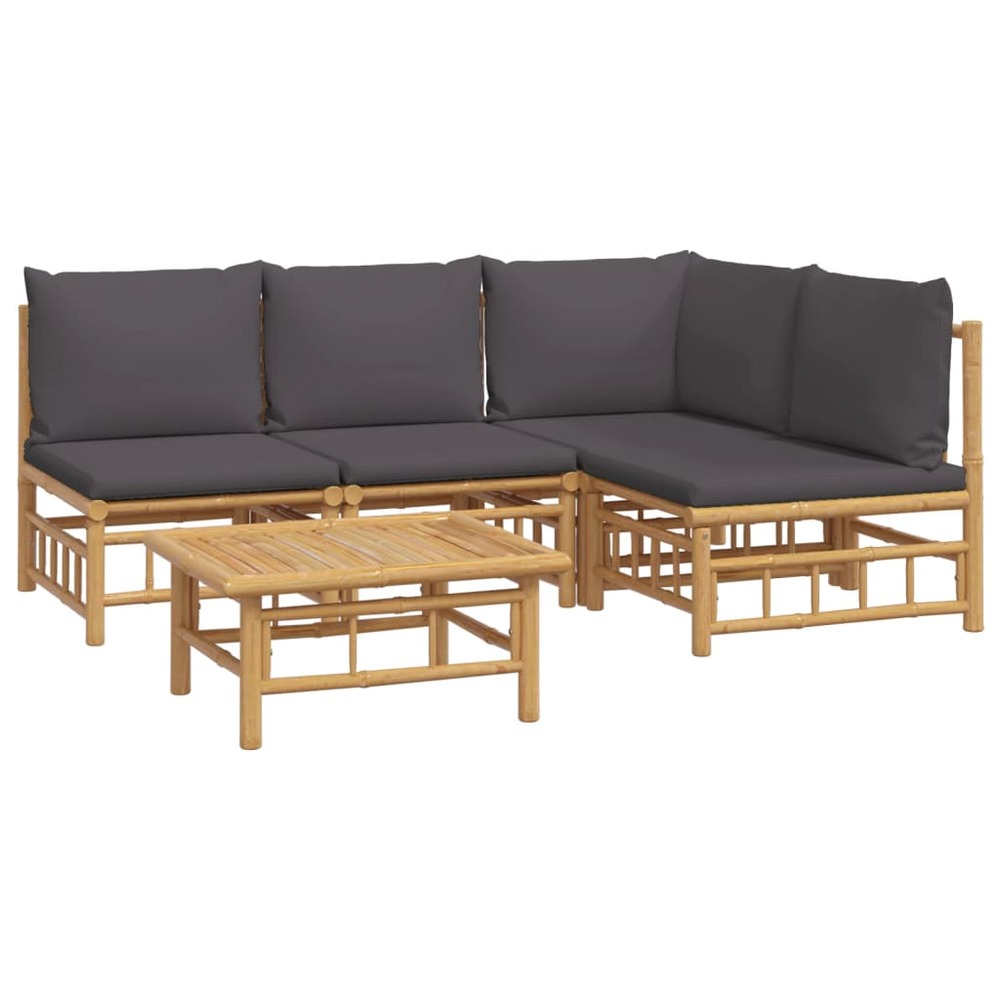 Salon de jardin meuble d'extérieur ensemble de mobilier 5 pièces avec coussins gris foncé bambou