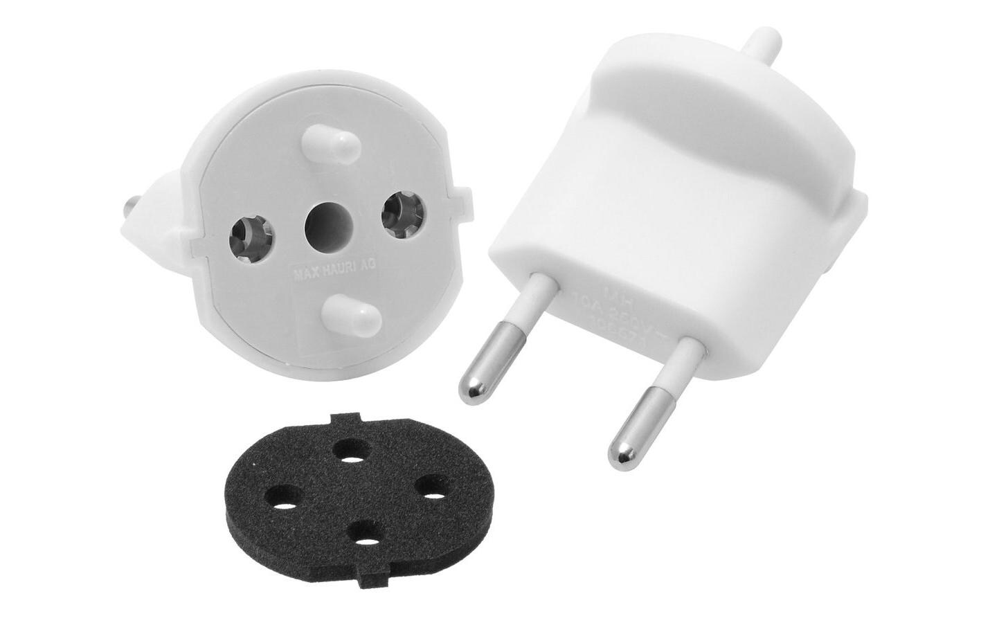 Fixadapter SchuKo Konturenstecker – T11 IP44 mit Moosgummi2-Pol Deutsch (CEE7) auf Schweiz T11, schwarz