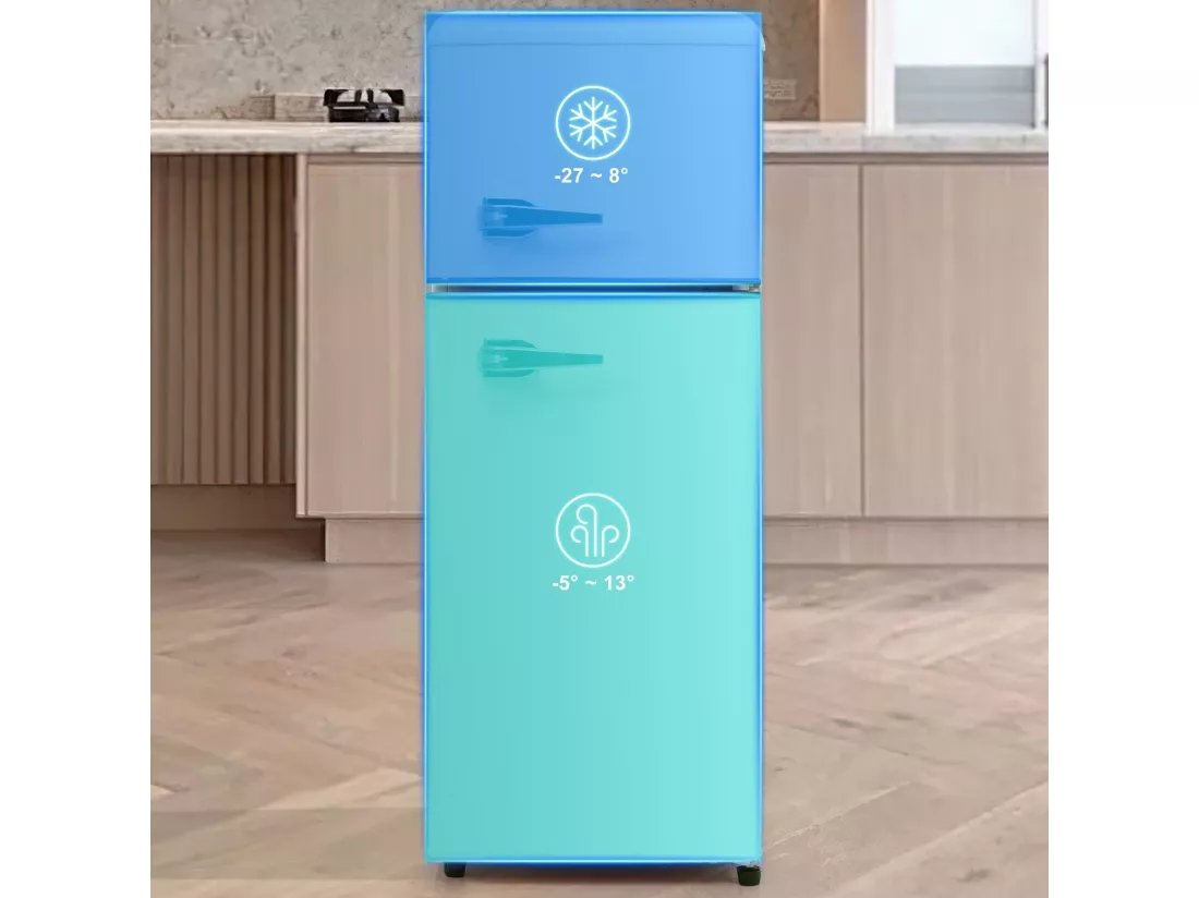 Réfrigérateur deux portes, 28L + 64L, avec 3 étagères et LED, -27°C à 13°C, 116 kWh/an, efficacité énergétique D