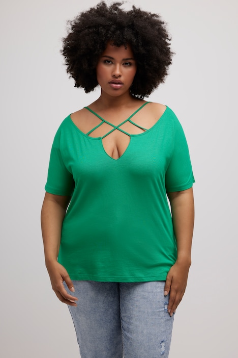 T-Shirt, Zierbänder, Tunika-Ausschnitt, Halbarm