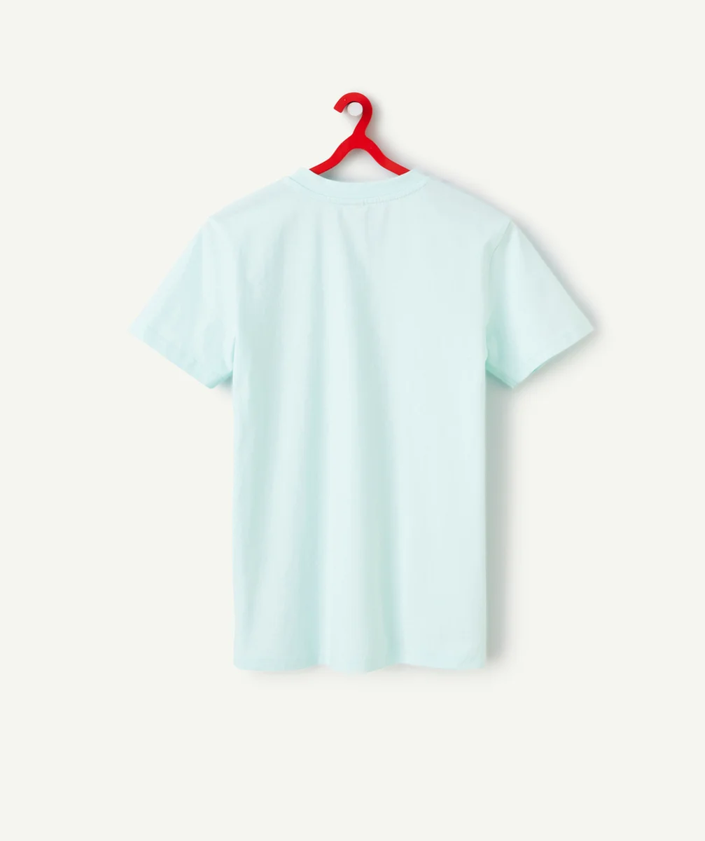 t-shirt garçon en coton bio bleu avec motifs surf et message brodés