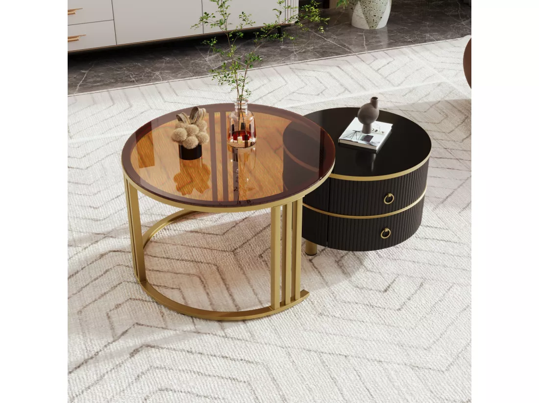 Lot de 2 tables basses gigognes avec 2 tiroirs - placage en verre trempé Marron - Noir