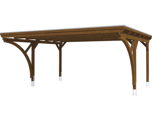 Konsta dubbele carport met aluminium dakpanelen, inclusief 2 inrijbogen en H-ankers, 618x500 cm, walnoot afwerking