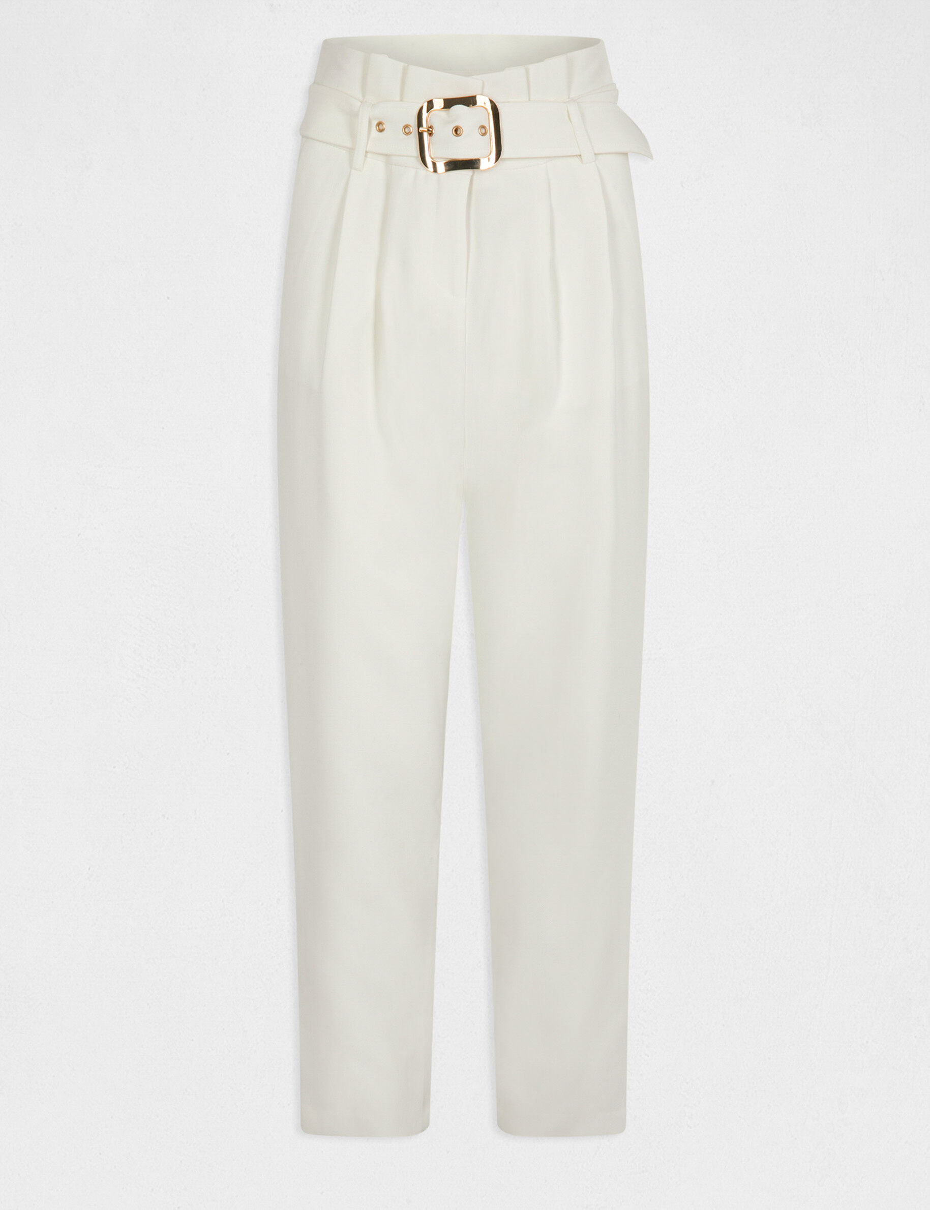 Pantalon droit taille haute ceinturé ecru femme - ecru