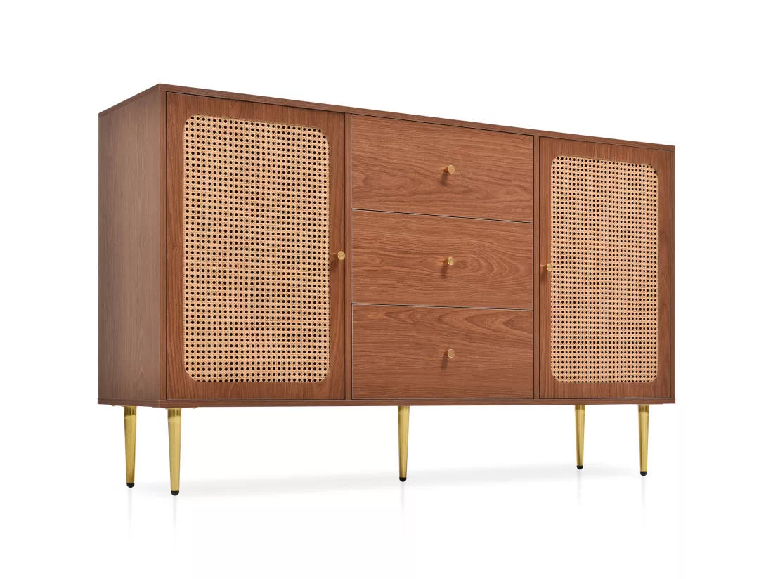 Buffet bas en rotin avec 3 tiroirs & 2 portes - marron