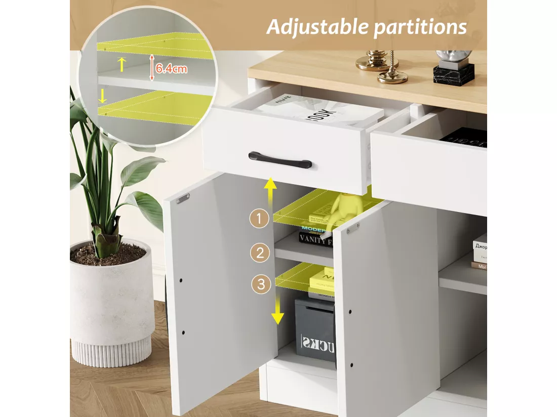 Buffet moderne avec 4 portes et 3 tiroirs - 160 x 37 x 75 cm - Bois MDF - Etagères réglables - Blanc et bois