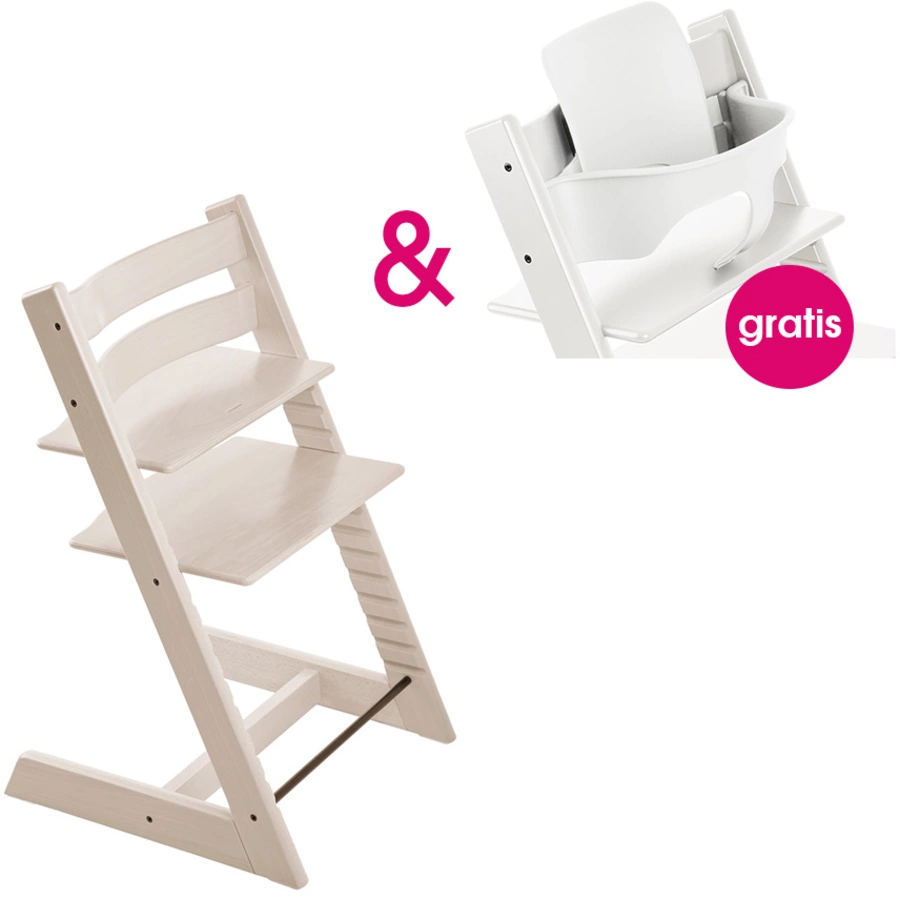 STOKKE® Tripp Trapp® Hochstuhl Buche Whitewash + gratis Baby Set weiß