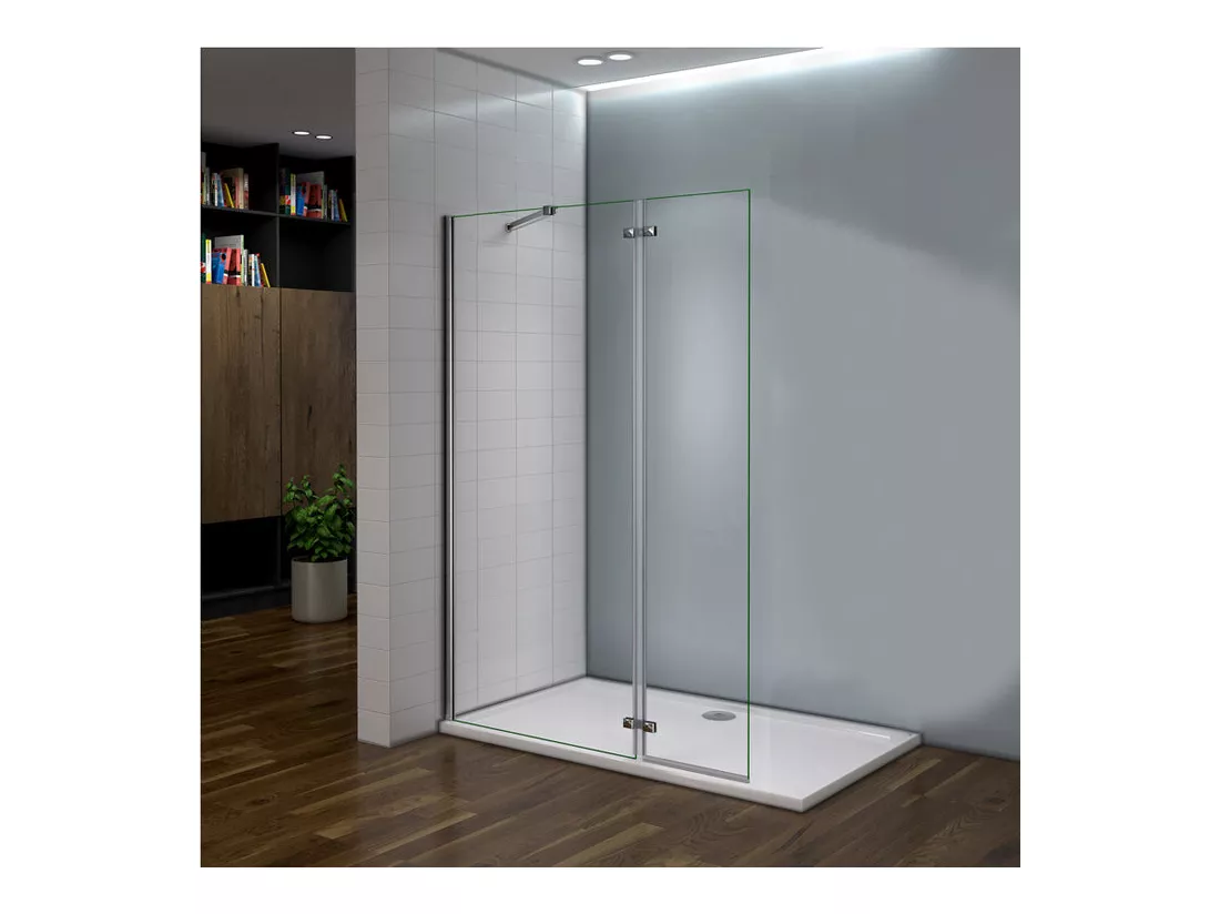 Paroi de douche fixe à l'italienne avec retour pivotant 100+40x200cm, charnières, avec barre de fixation 73-120cm en carré