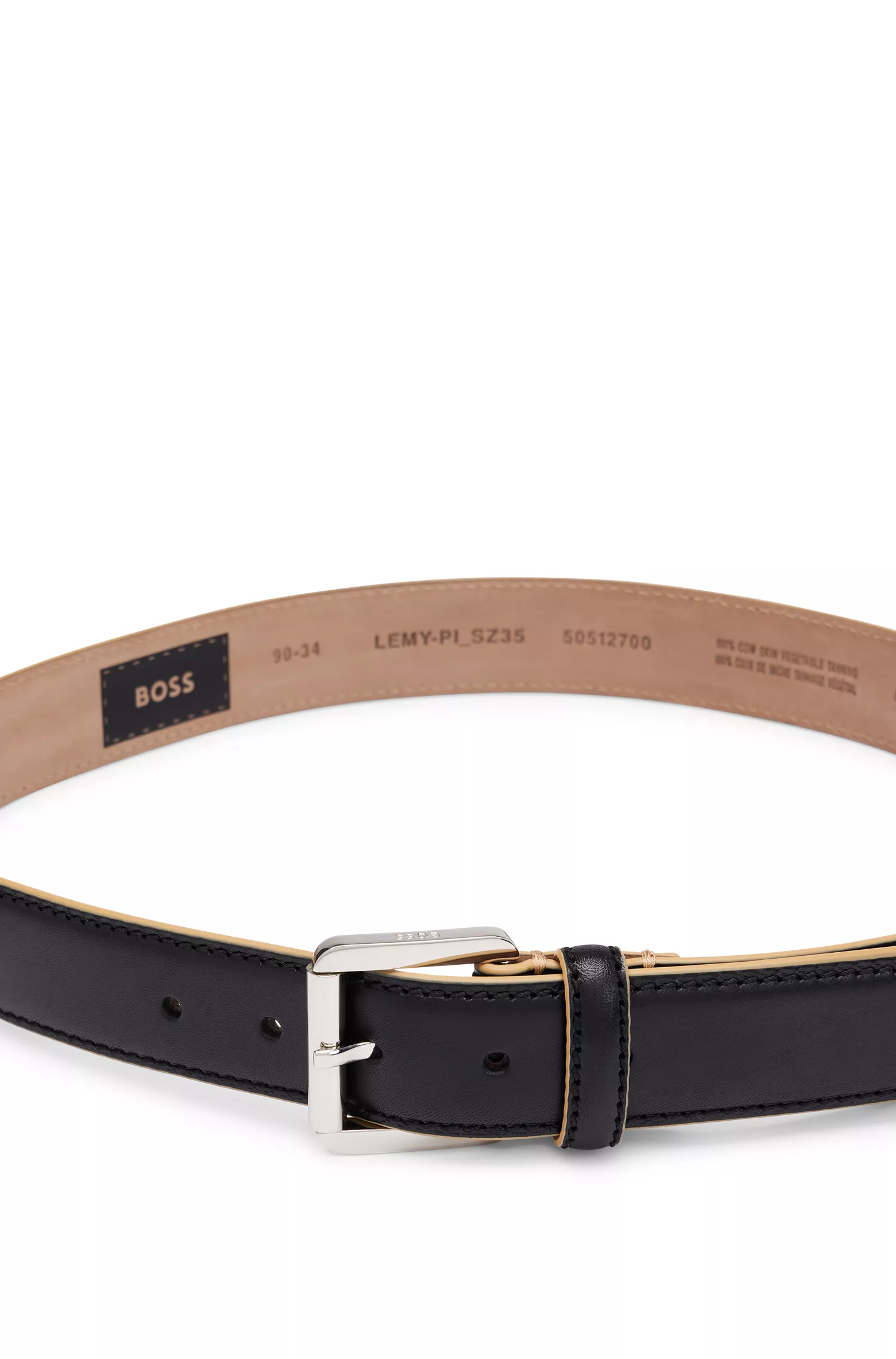 Cinto BOSS em couro italiano preto com bordas e costuras contrastantes.