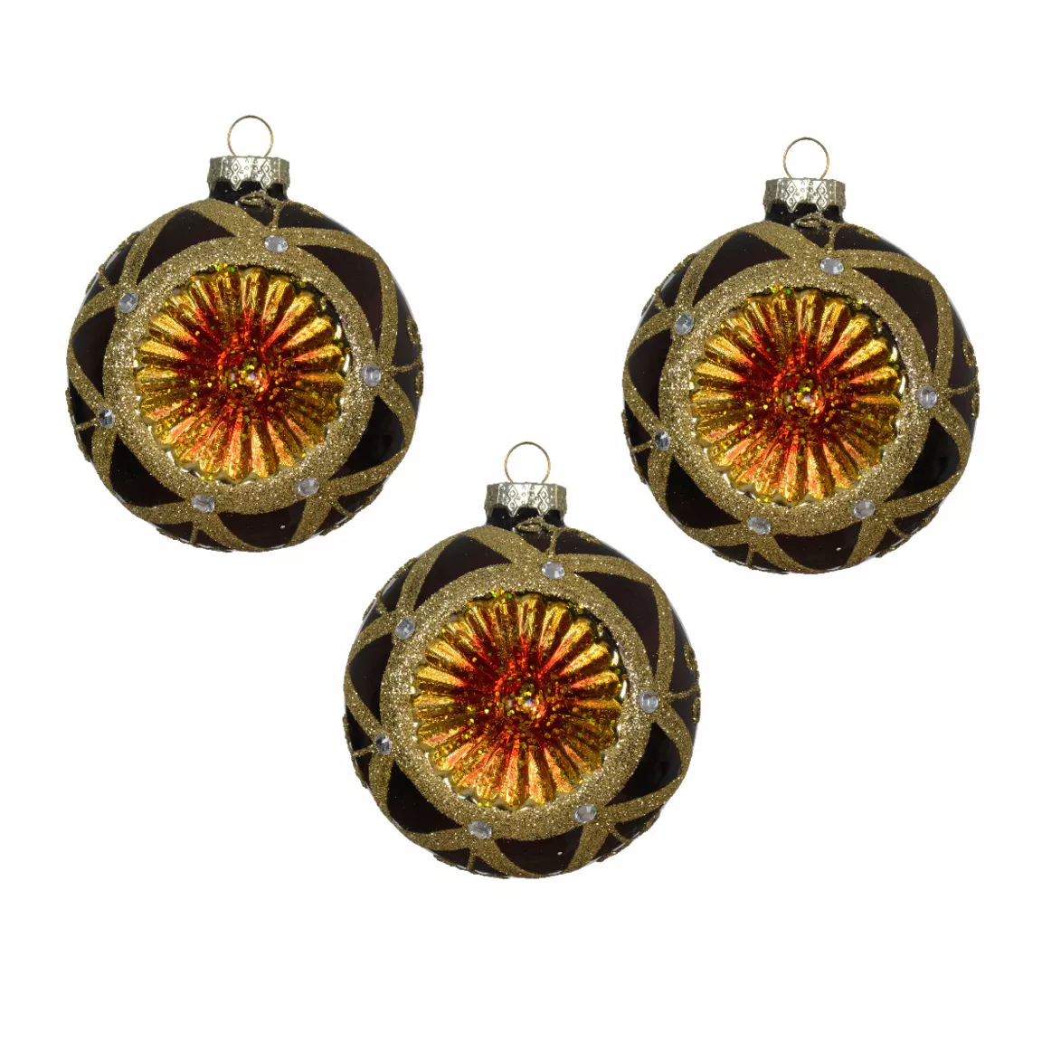 Lot de 3 boules de Noël en verre (D80 mm) Impérial Noir truffé et or