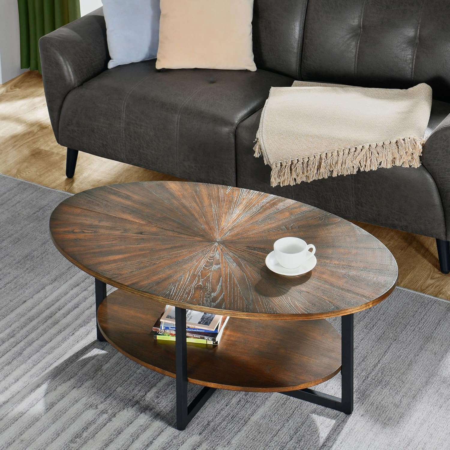 Massivholz Couchtisch rund für 2 Etagen, Ovaler Couchtisch im Modern-vintage Stil, Massivholzplatte & Kreuzförmige Eisenbeine, Kaffeetisch, Wohnzimmertisch, 110 x 66 x 45.5 cm, einfache Montage, NC