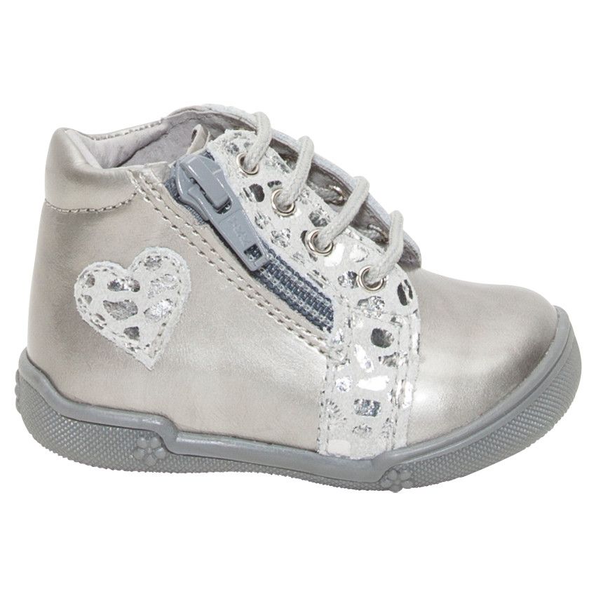 Bottillons argentés en cuir à zip et lacets - Gris