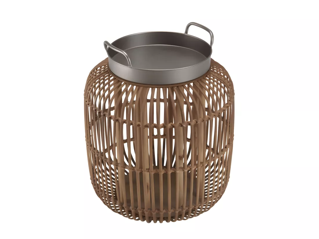 VICTOIRE - Table d'appoint cylindrique avec poignées 51x51cm plateau en métal noir piètement en rotin marron