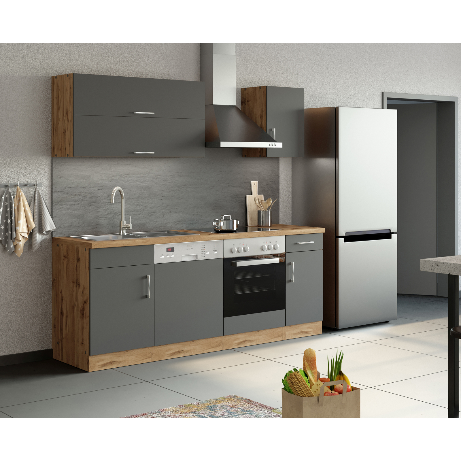 Küchenblock SORRENTO - anthrazit - Wotaneiche - mit E-Geräten - 210 cm