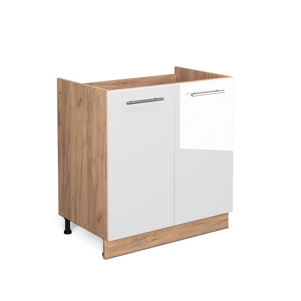 Vicco Spülenunterschrank Küchenschrank Küchenmöbel Fame-Line Eiche Weiß modern 80 cm Küche Einbauküche Drehtür Siphonausschnitt Blende Küchenzeile Hochglanz