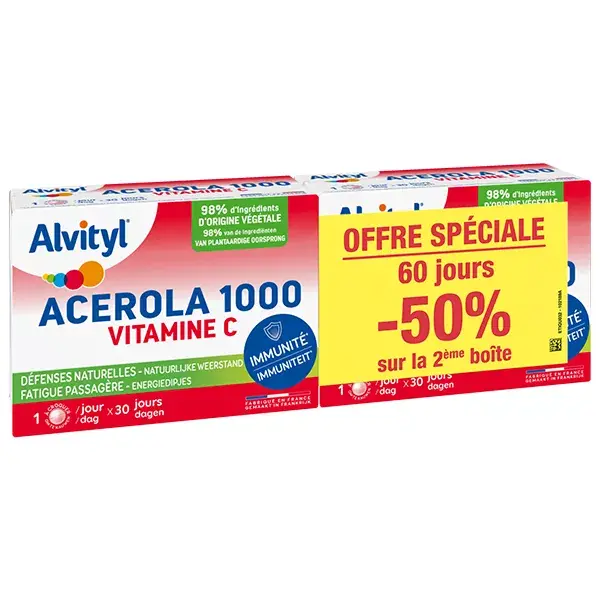 Alvityl Acerola 1000 comprimidos mastigáveis de vitamina C para maiores de 12 anos, 2 embalagens com 30 comprimidos cada.