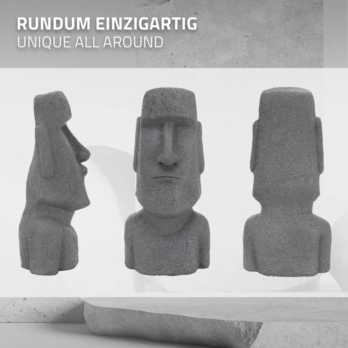 ECD Duitsland Moai figuur Rapa Nui hoofd 78 cm hoog, gemaakt van weerbestendig gegoten steenhars, grijs, Paaseilandbeeld als decoratie voor huis & tuin, tuinfiguur, decoratief figuur, sculptuur voor binnen en buiten