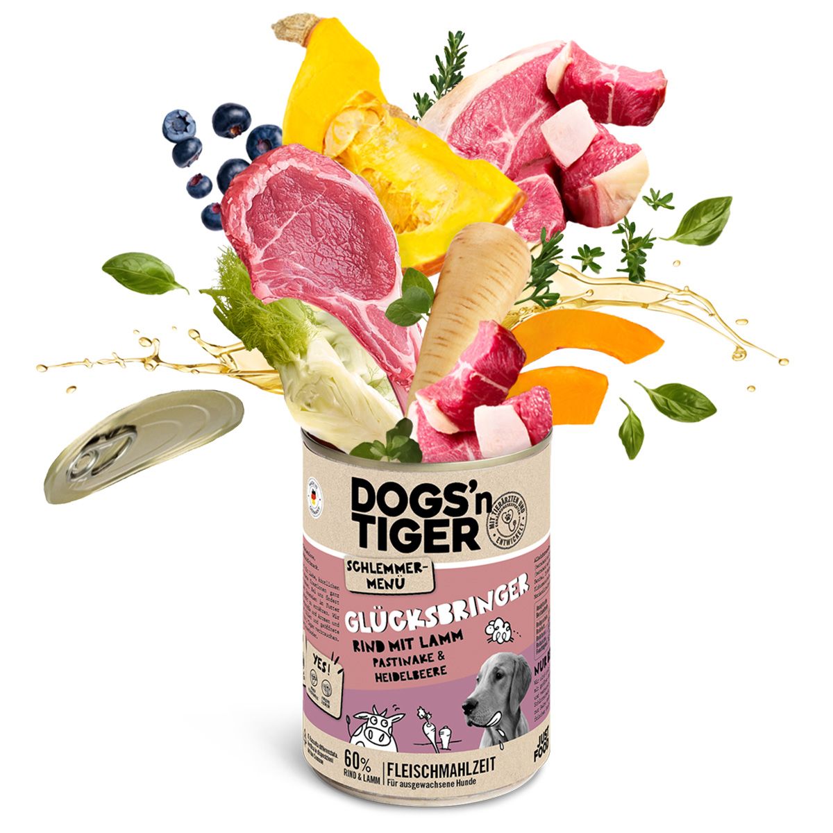 Dogs’n Tiger Adult Hundefutter, Glücksbringer, Nassfutter, Getreidefrei, Rind & Lamm