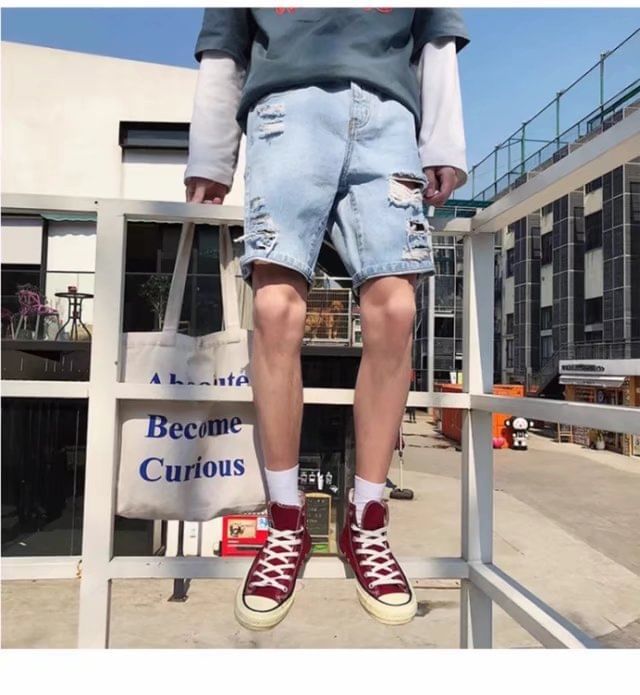 Macho - Mid Rise Washed Distressed Denim Shorts