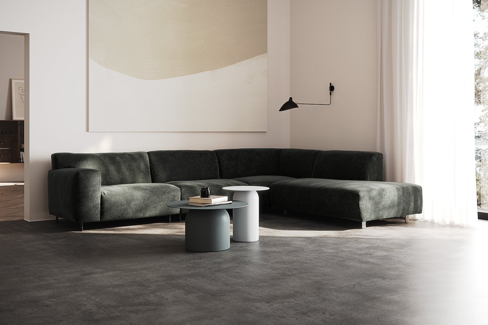Vesta hjørnesofa 3-seter med åpen ende høyre, Big hjørnemodul, Tekstil Eros Antracit, standardsøm, sort metallben 10 cm, Comfort CM