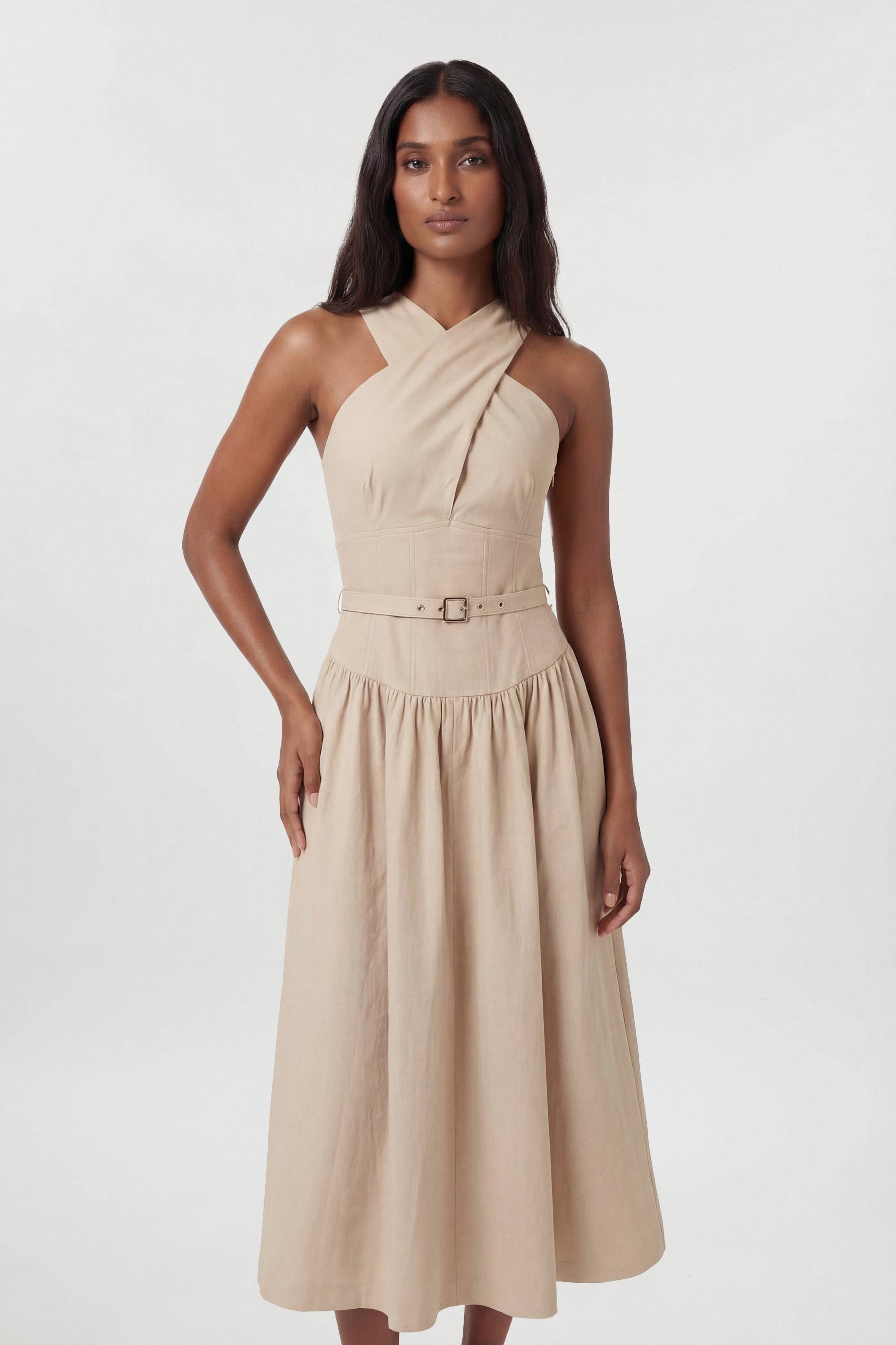 KarenMillen Robe Mi-Longue Évasée En Lin Premium Avec Col Licou Et Ceinture Ajustée