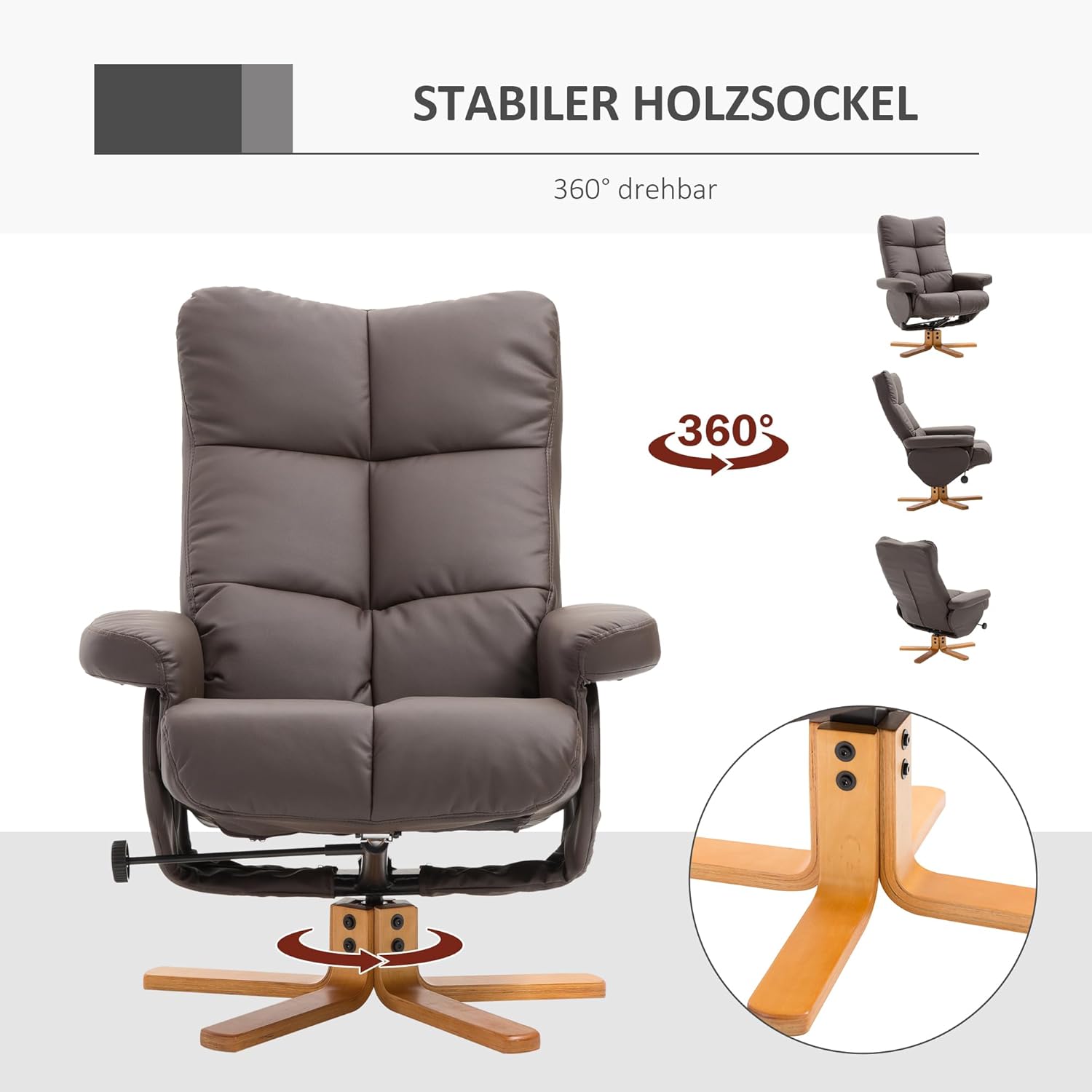 HOMCOM Relaxsessel mit Hocker, Stauraum, Gepolstert Fernsehsessel mit Liegefunktion, 360° Drehbar TV-Sessel für Schlafzimmer, Wohnzimmer, Kunstleder, Braun