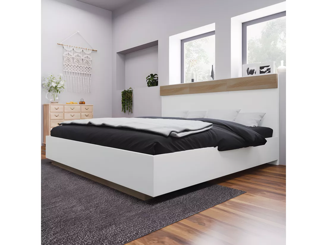 Lit adulte 180x200cm - lit flottant avec sommier à lattes - cadre en bois - blanc