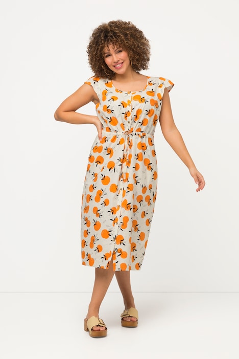 Midikleid, Orangen, A-Linie, Rundhals, Cup-Ärmel