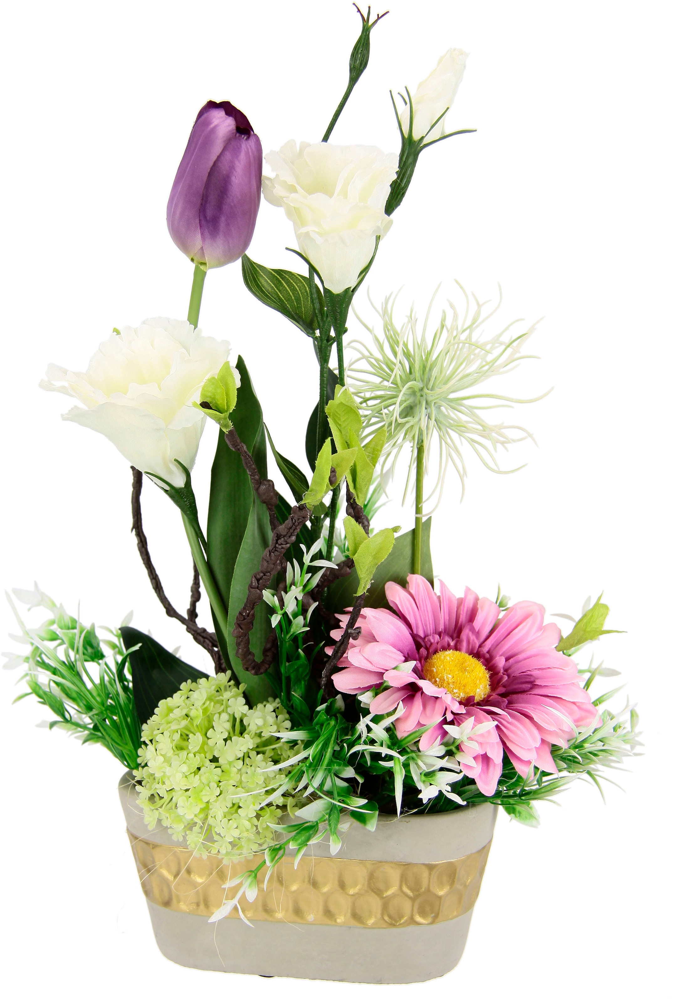 I.GE.A. Kunstblume »Arrangement Ranunkel/Lysianthus« Pflanzschale aus Rinde mit Moos