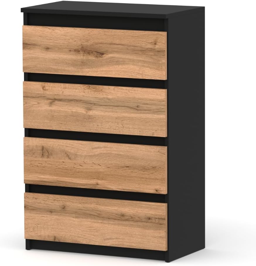 Kommode mit 4 Schubladen - Holz Sideboard 60 x 92,5 x 33,5 cm (B/H/T) - Schmale Kommode für Schlafzimmer & Flur - Regal mit Schubladen - Schrank mit Schubladen (Schwarz Matt - Wotan)