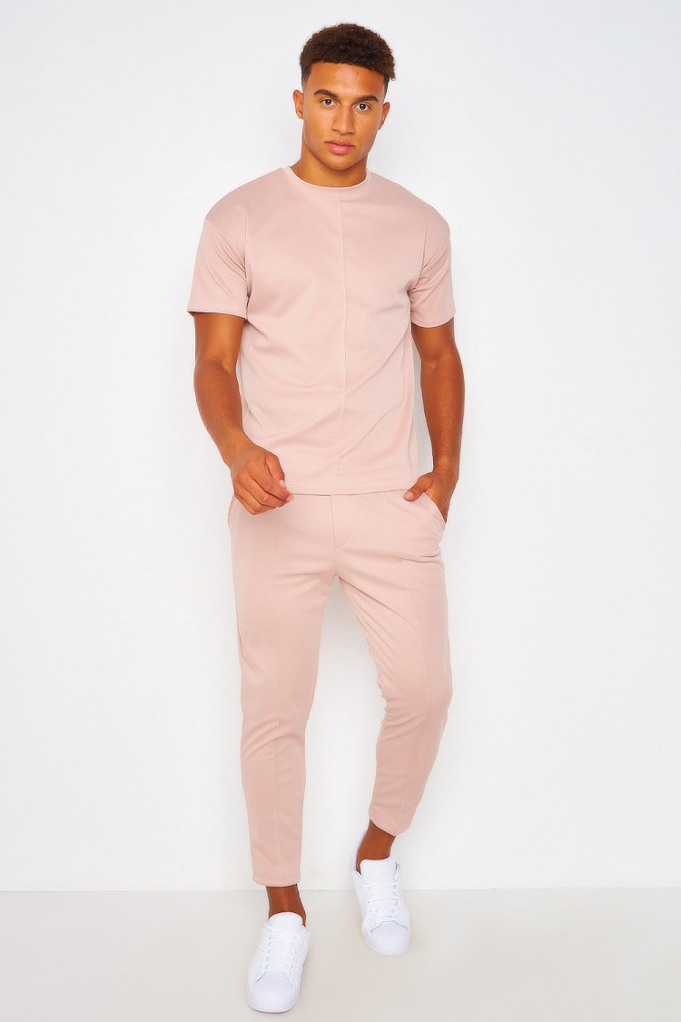 Ensemble rose pâle couture marquée t-shirt + pantalon