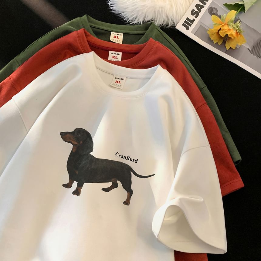 Breeson - T-shirt met ronde hals en hondenprint, met elleboogmouwen