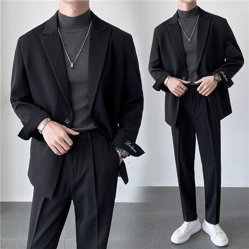 Blueforce - Set: Effen blazer met één knoop + Hoge taille rechte broek