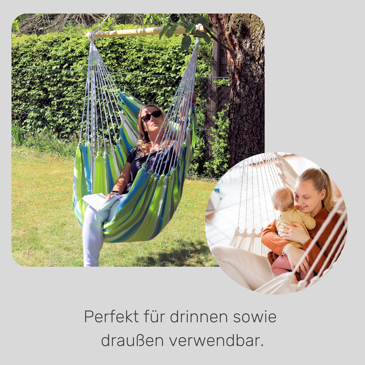 HOBEA-Germany Hängesessel Hängestuhl Hängesitz mit 2 Kissenhüllen (XXL (bis 140kg belastbar), Uni Grau)