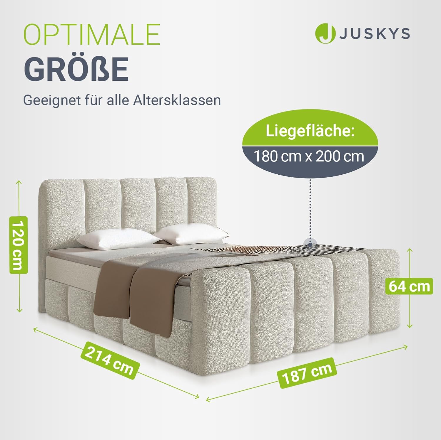 Juskys Boxspringbett Manitoba 180 x 200 cm - Modernes Design mit Bouclé-Stoff, Gepolstertes Kopfteil, Inkl. Topper - Beige