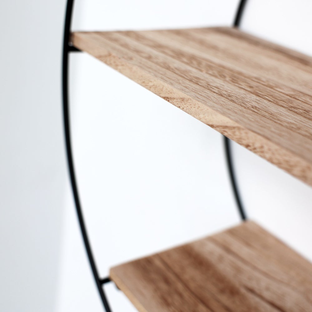 Zwarte metalen wandplank met 3 houten planken - Rond - 50x19 cm