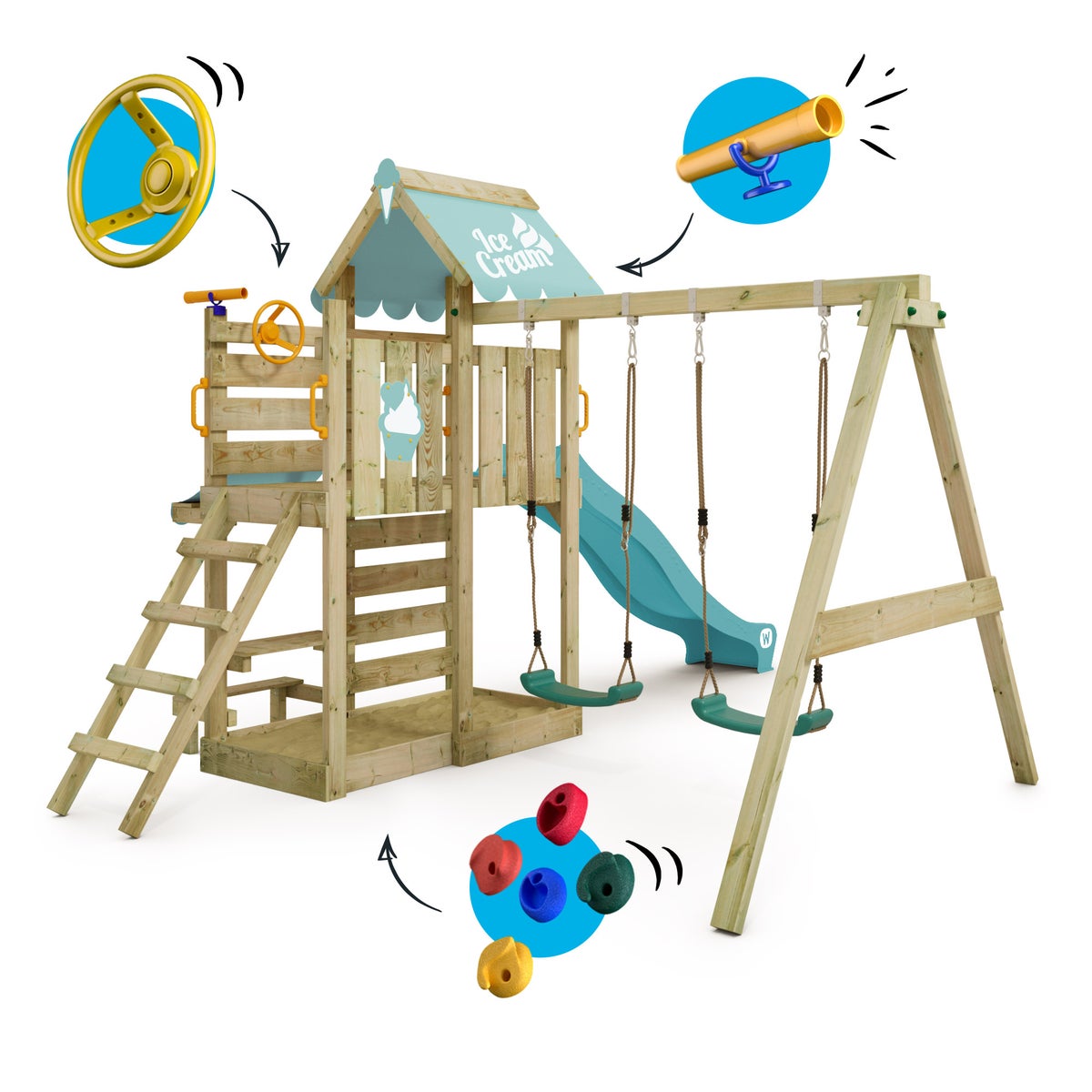 WICKEY VanillaFlyer Speeltoren Klimrek met Schommel en Glijbaan, Klimtoren met Zandbak, Ladder en Speelaccessoires – Pastelblauw