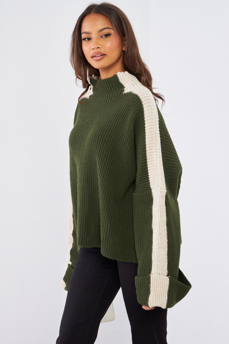 Pull kaki en maille bicolore