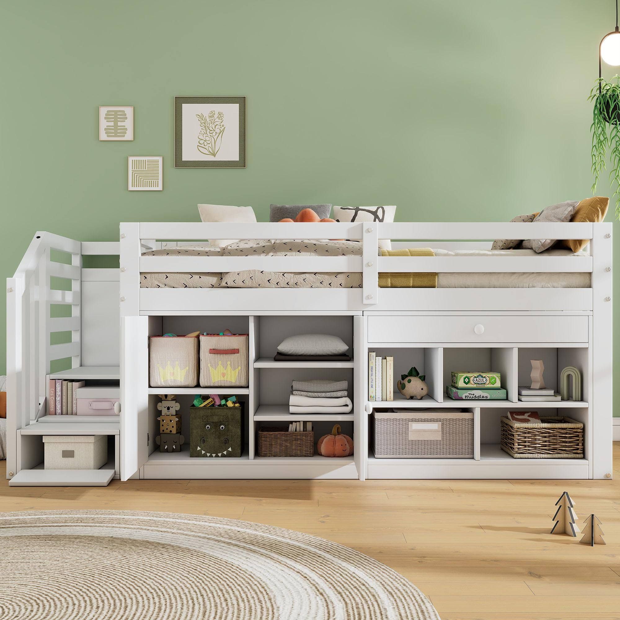 LTGB Hochbett 90 x 200, Kinderbett mit Schrank, Treppe und Stauraum, Kinderbetten Funktionsbett, Etagenbett Stockbett Jugendhochbett, ohne Matratze