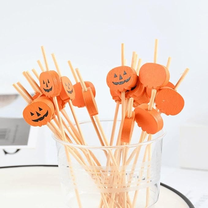 (100er Set) Cocktail Sticks Fingerfood Party Spiesse Deko Zahnstocher für Halloween / Herbst / Thanksgiving - Kürbis